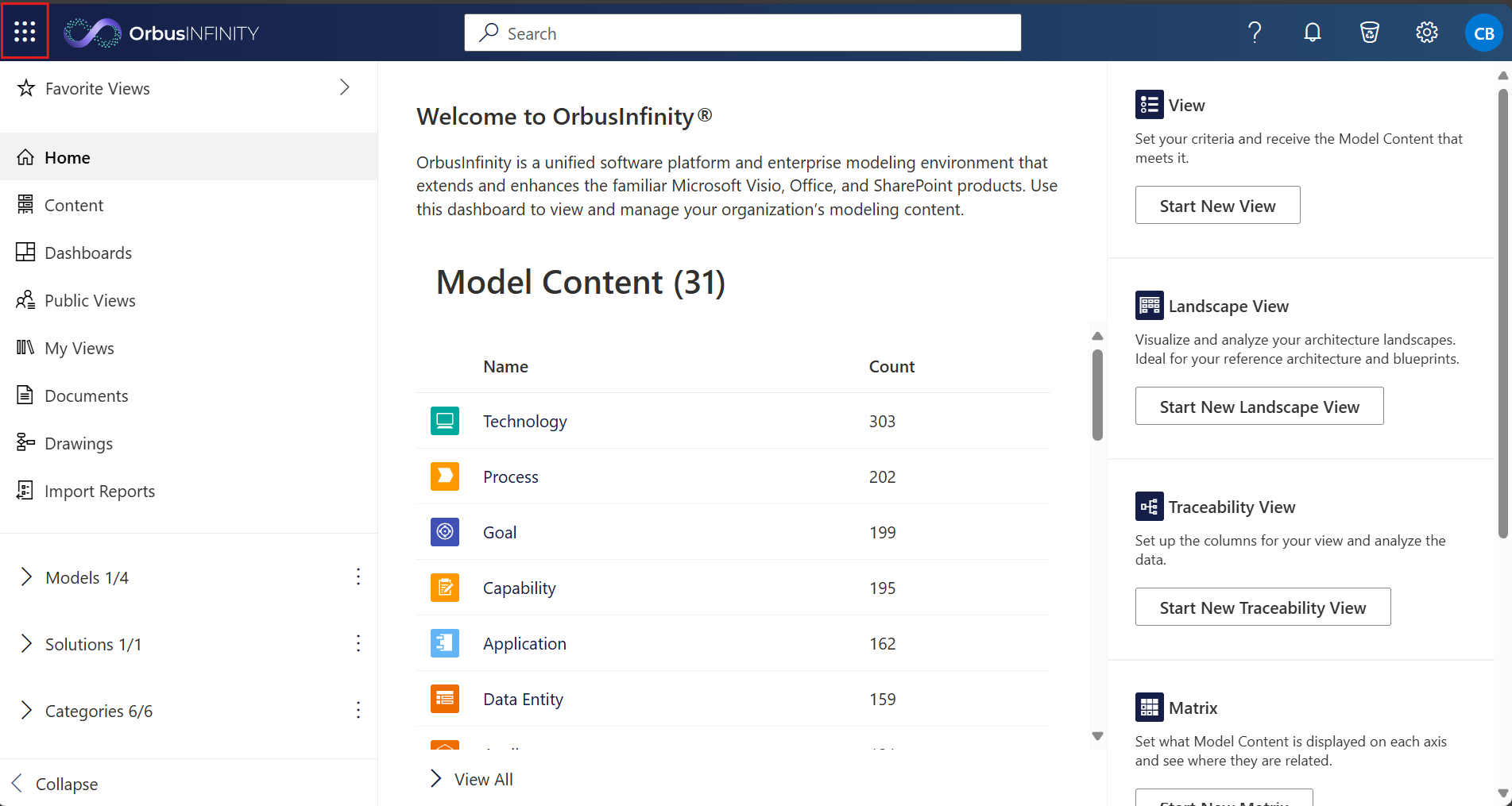 OrbusInfinity HomePage - extended - Toolbar waffle closed.png